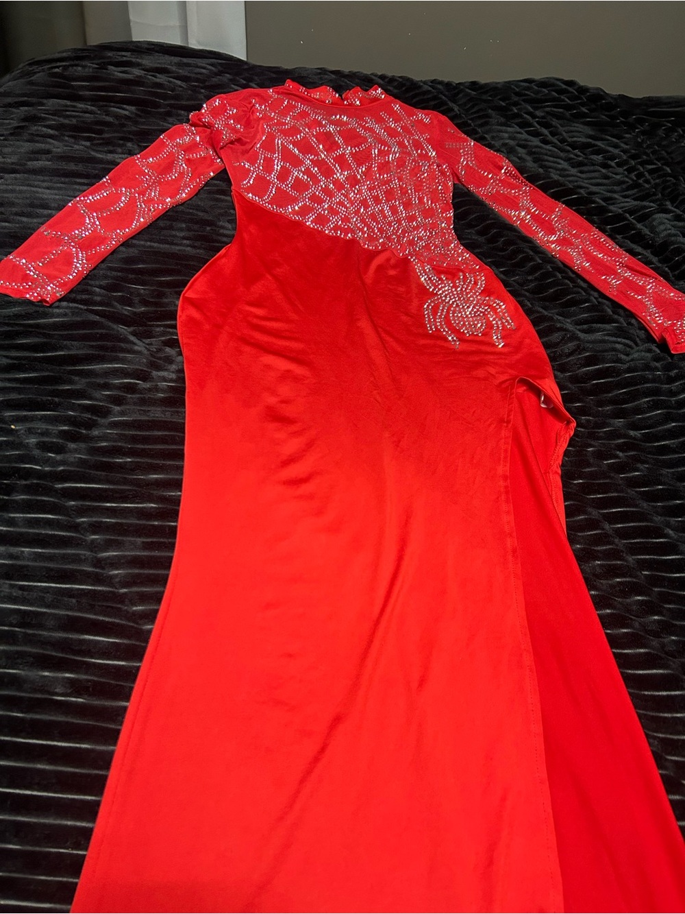 Red Long-Sleeve Evening Gown with Crystal Web Embellishment